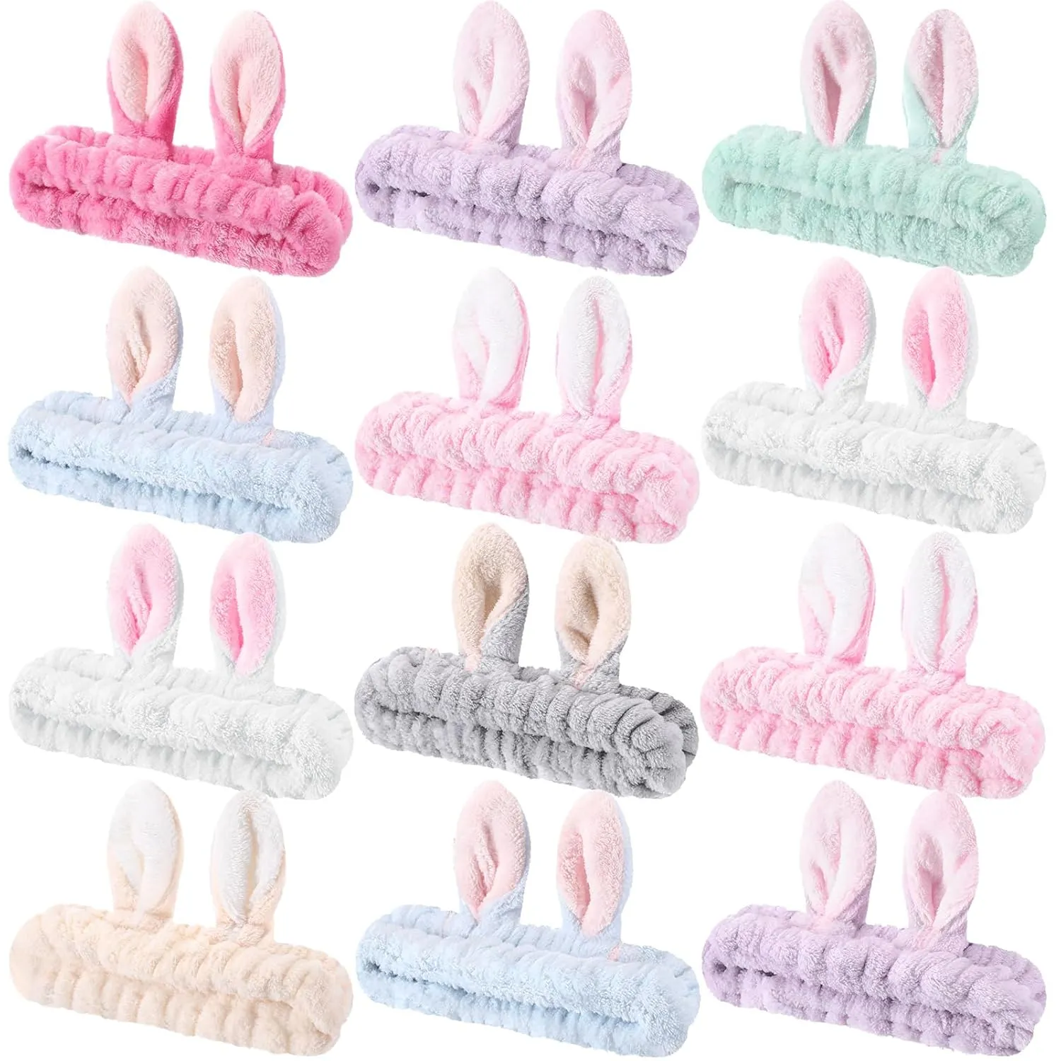 12 Pcs Bunny Ear Headbands Skin Care Headbands Fuzzy Makeup Cute Cosmetic Head Wraps Flannel Shower Hairband Coral Fleece Elastic Spa Hairband for Washing Face Women