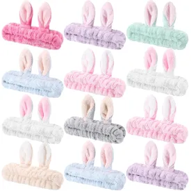 12 Pcs Bunny Ear Headbands Skin Care Headbands Fuzzy Makeup Cute Cosmetic Head Wraps Flannel Shower Hairband Coral Fleece Elastic Spa Hairband for Washing Face Women