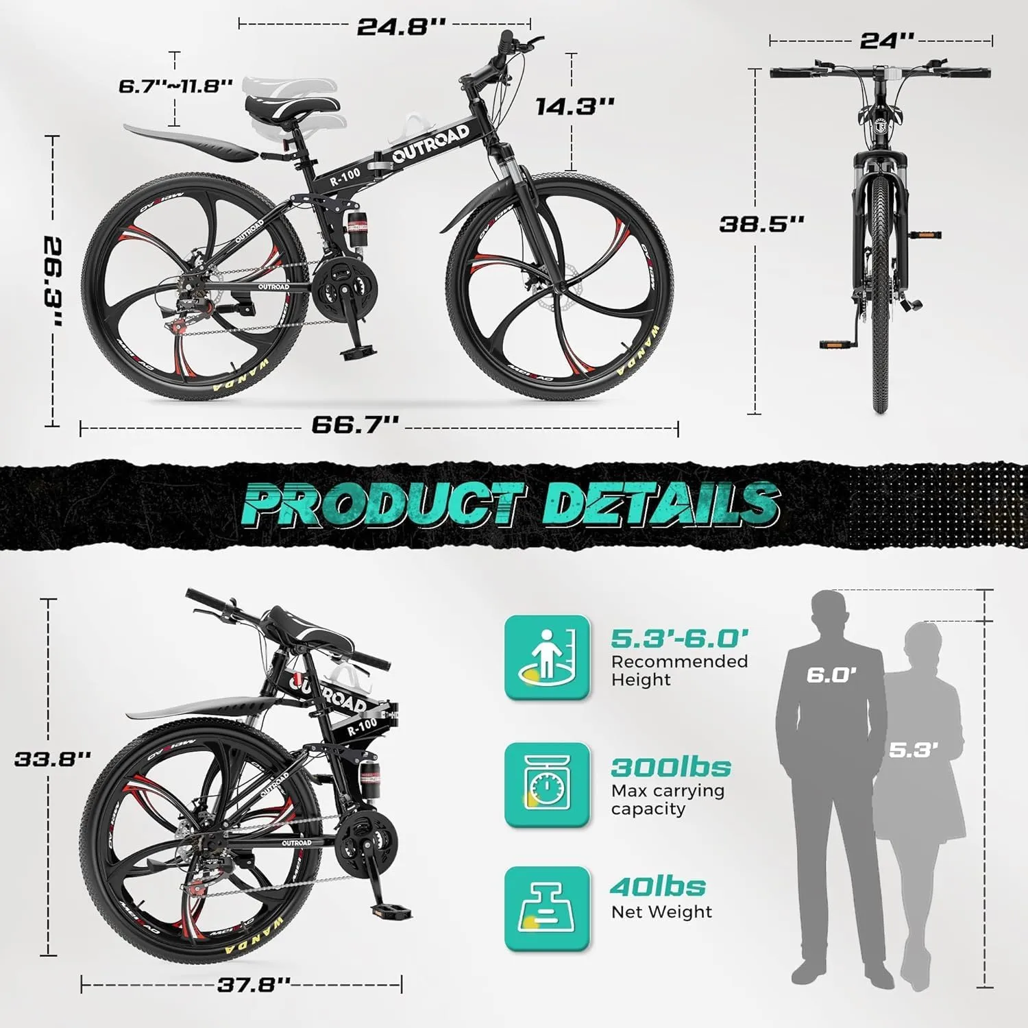 26 Inch Adult Folding Mountain Bike, 21 Speed Foldable Bicycle with Full Suspension, Dual Disc Brake, High Carbon Steel Frame, Folding Bikes for Men/Women/Teen