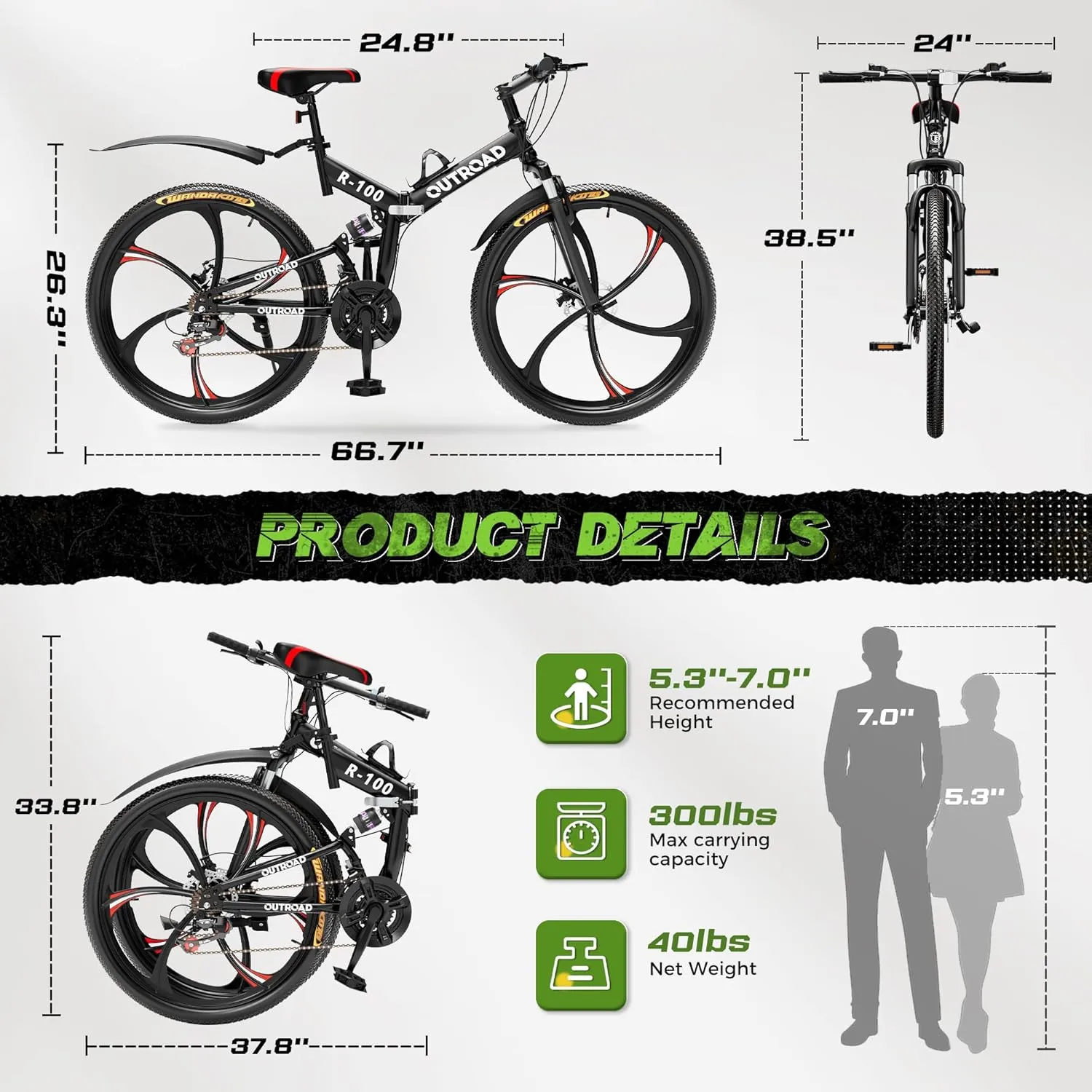 26 Inch Adult Folding Mountain Bike, 21 Speed Foldable Bicycle with Full Suspension, Dual Disc Brake, High Carbon Steel Frame, Folding Bikes for Men/Women/Teen