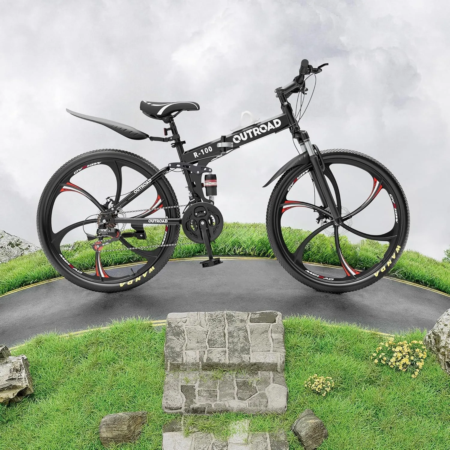 26 Inch Adult Folding Mountain Bike, 21 Speed Foldable Bicycle with Full Suspension, Dual Disc Brake, High Carbon Steel Frame, Folding Bikes for Men/Women/Teen