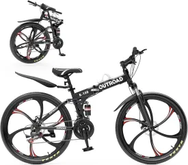 26 Inch Adult Folding Mountain Bike, 21 Speed Foldable Bicycle with Full Suspension, Dual Disc Brake, High Carbon Steel Frame, Folding Bikes for Men/Women/Teen