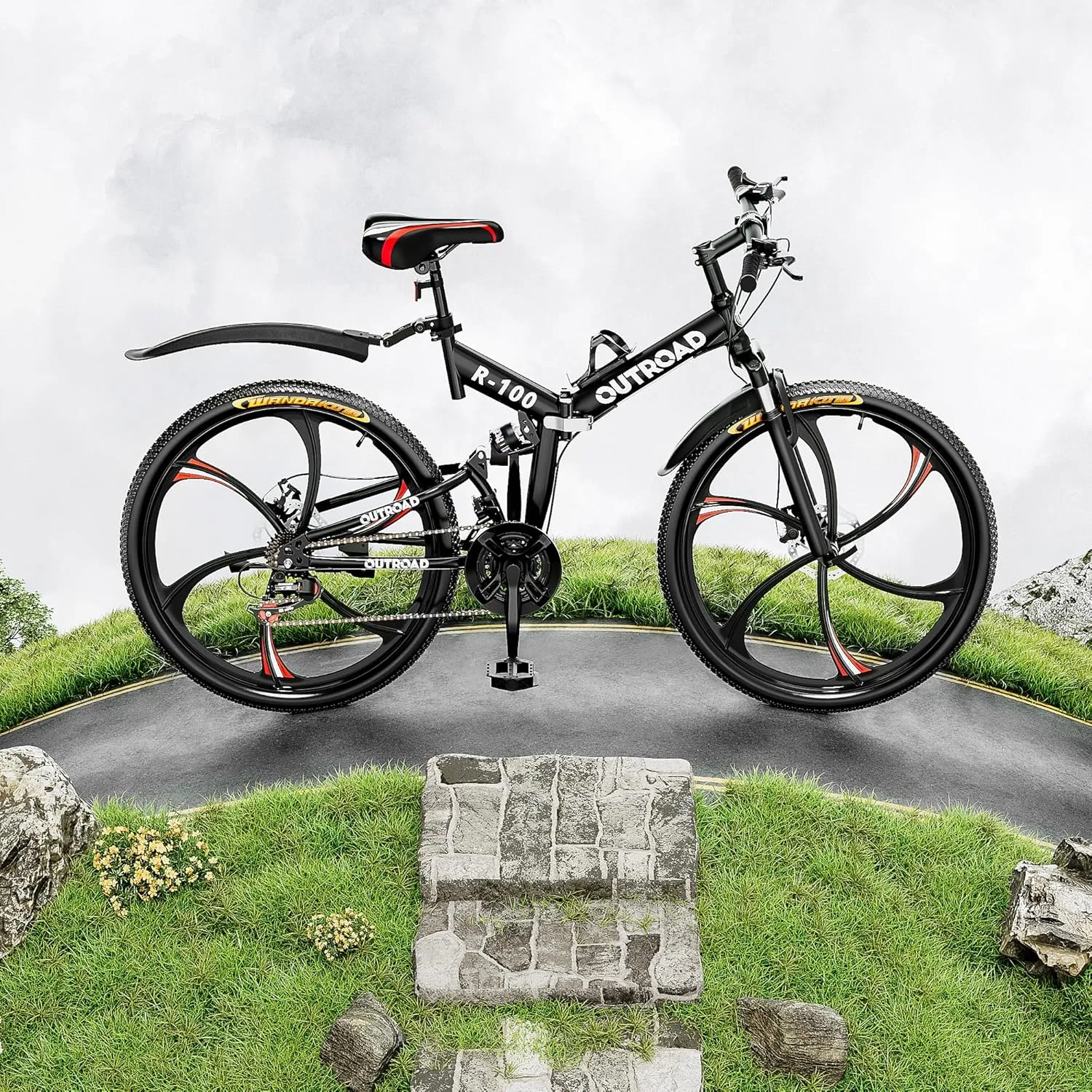26 Inch Adult Folding Mountain Bike, 21 Speed Foldable Bicycle with Full Suspension, Dual Disc Brake, High Carbon Steel Frame, Folding Bikes for Men/Women/Teen