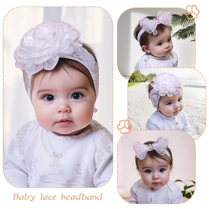 Baby Girl Headband Floral White Lace Baptism Christening Hairband Elastics Soft Head Wrap for Toddlers Hair Accessories for Infants Kids Shower Birthday Wedding Party (Style 11)
