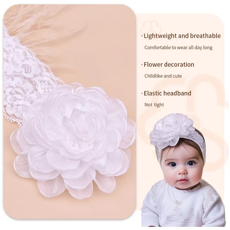 Baby Girl Headband Floral White Lace Baptism Christening Hairband Elastics Soft Head Wrap for Toddlers Hair Accessories for Infants Kids Shower Birthday Wedding Party (Style 11)