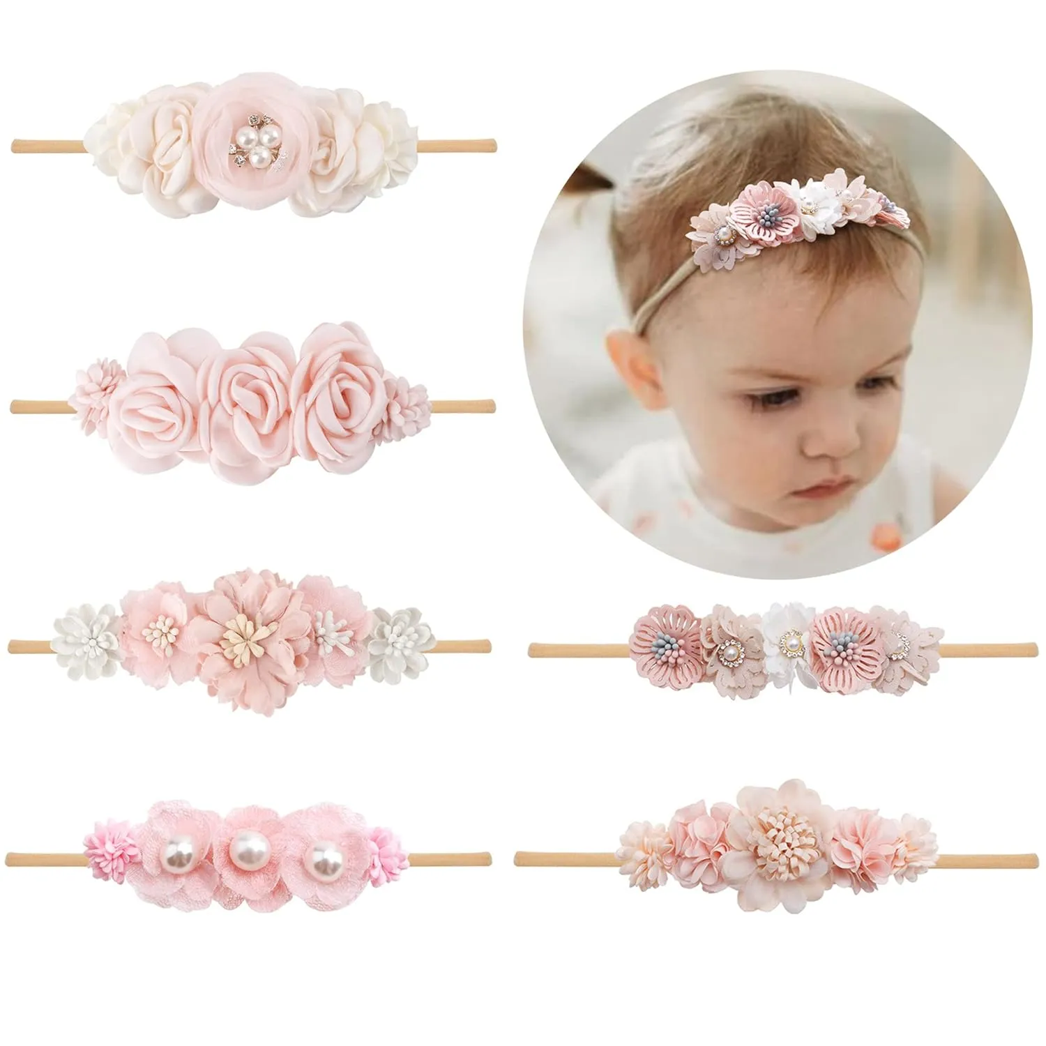 Baby Girls Headbands Flower Headband 6 Pcs Nylon Elastic Headbands Newborn Hair Bows Hair Accessories Gifts for Infant Toddlers Kids