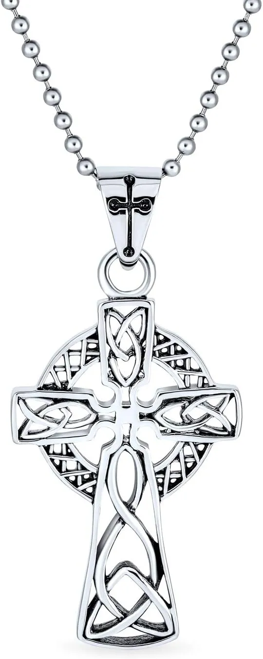 Bling Jewelry Protection Amulet Ancient Mens Irish Viking Celtic Cross Pendant Necklace For Men Women Oxidized Silver Tone Stainless Steel 20 Inch Ball Chain