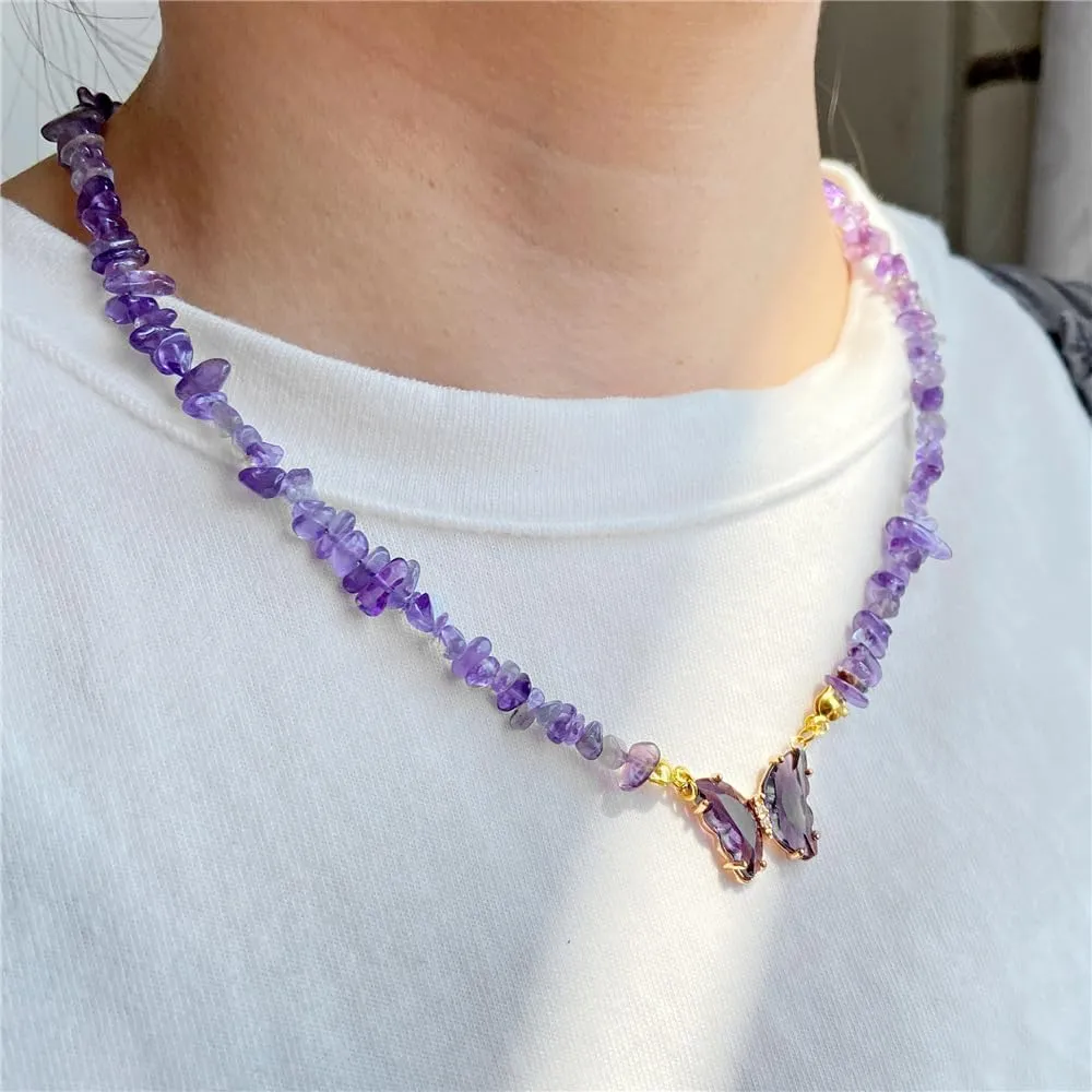Bohemian Crystal Butterfly Necklaces Stress Relief Anxiety Yoga Pendant,Healing Natural Stone Mantra Choker for Women Teen Girls Friendship Birthday Mothers Day Gift Summer Beach Jewelry