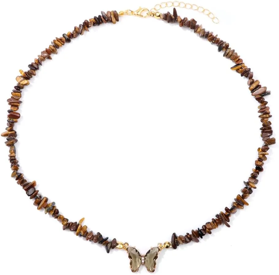 Bohemian Crystal Butterfly Necklaces Stress Relief Anxiety Yoga Pendant,Healing Natural Stone Mantra Choker for Women Teen Girls Friendship Birthday Mothers Day Gift Summer Beach Jewelry