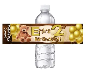 Brown Tan and Gold Teddy Bear Party Favors Birthday Water Bottle Labels Wrappers Supplies Personalized Unique ideas decor