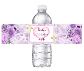 Celebration of Life Purple Silver Gold Lavender Pink and White Floral Flowers Water Party Favors Bottle Labels Wrappers Personalized