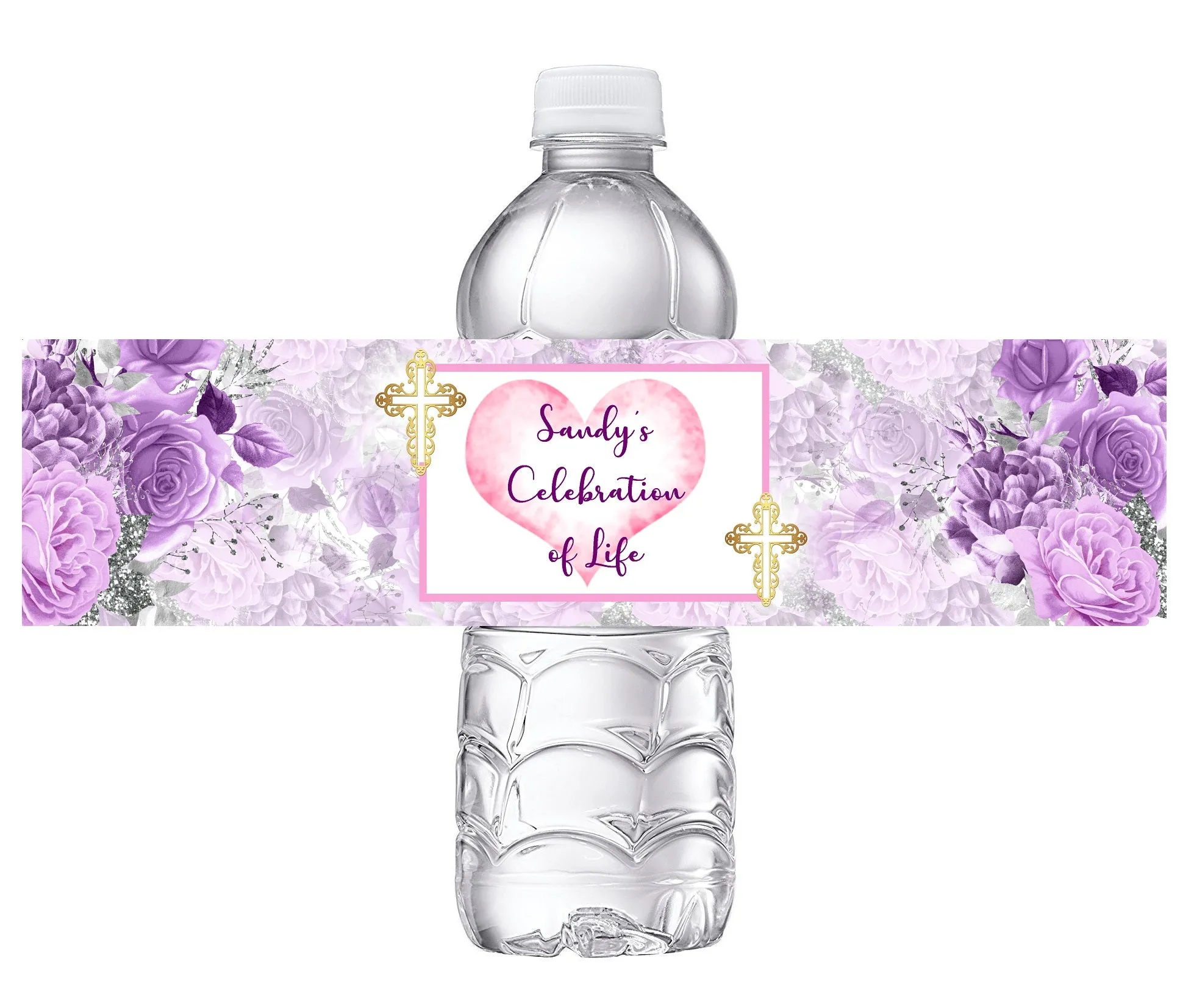 Celebration of Life Purple Silver Gold Lavender Pink and White Floral Flowers Water Party Favors Bottle Labels Wrappers Personalized