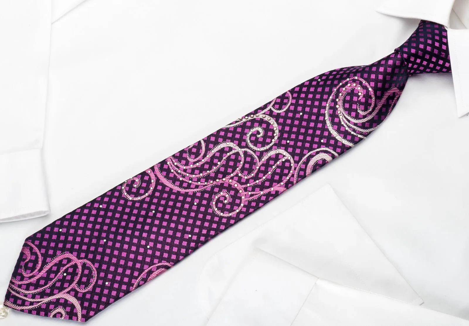 Crocodile Rhinestone Silk Tie Scrolls & Checker On Purple With Silver Sparkles