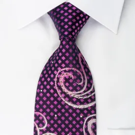 Crocodile Rhinestone Silk Tie Scrolls & Checker On Purple With Silver Sparkles