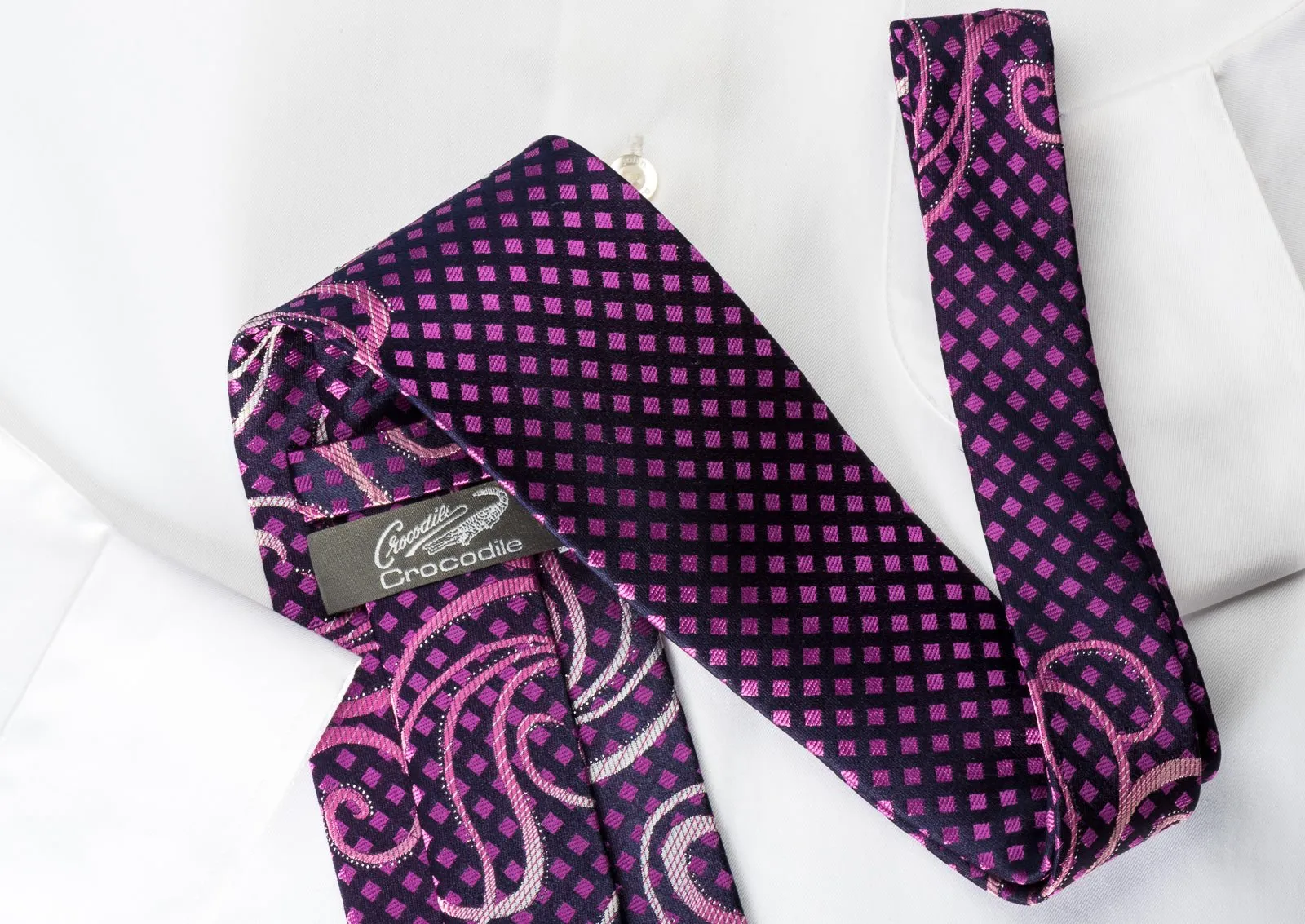 Crocodile Rhinestone Silk Tie Scrolls & Checker On Purple With Silver Sparkles