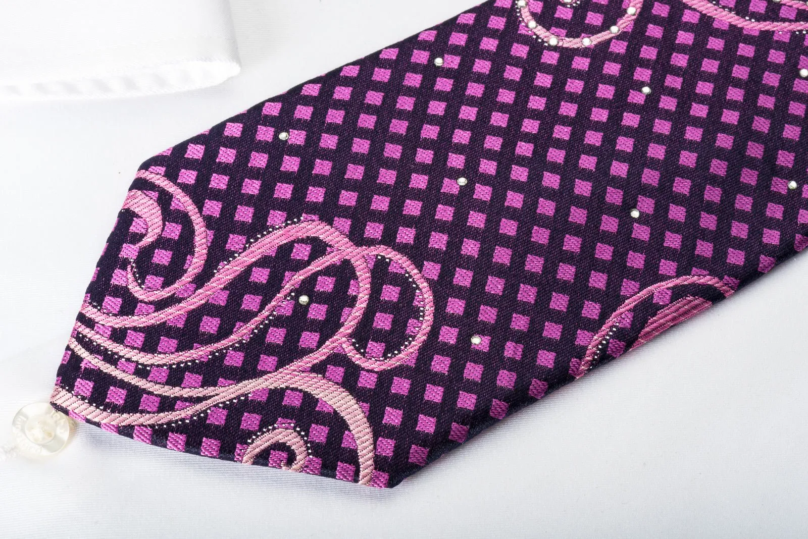 Crocodile Rhinestone Silk Tie Scrolls & Checker On Purple With Silver Sparkles