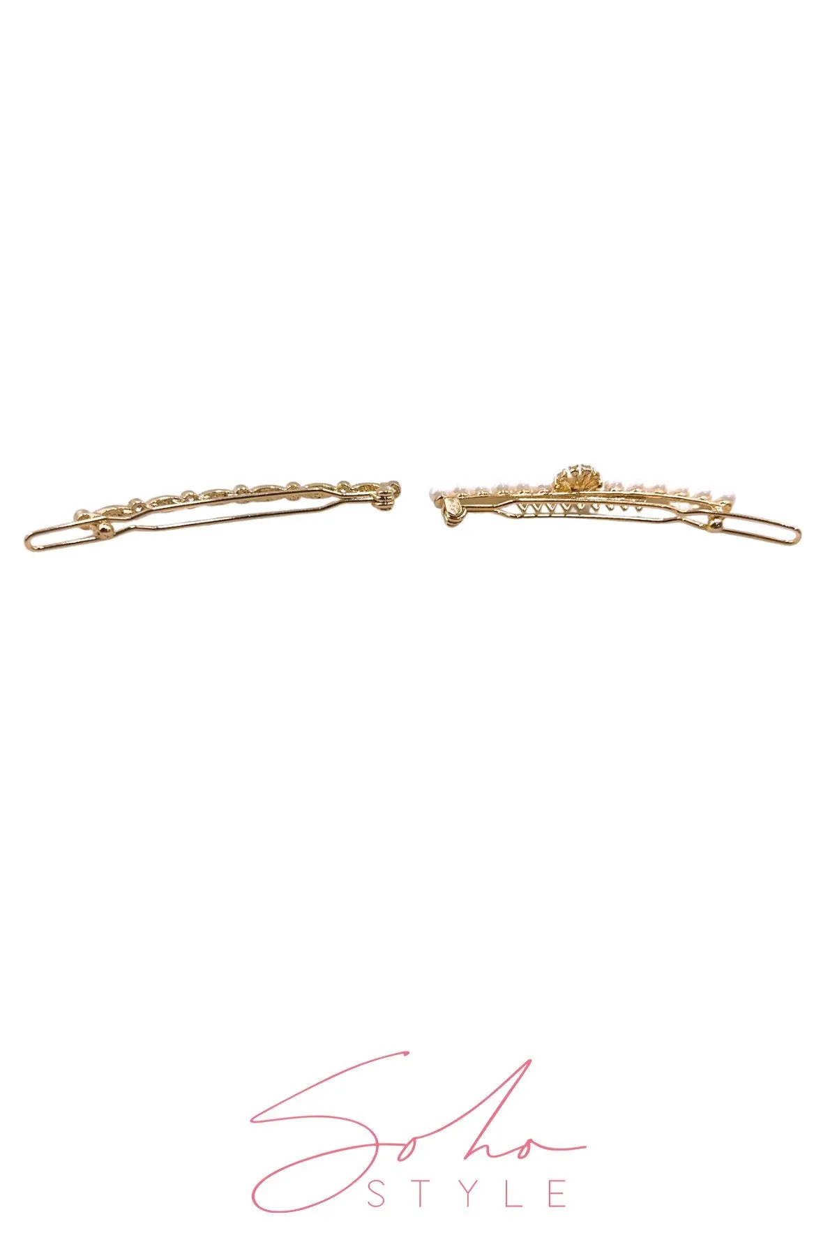 Cute rhinestones in white pearl gold waves hair barrettes set