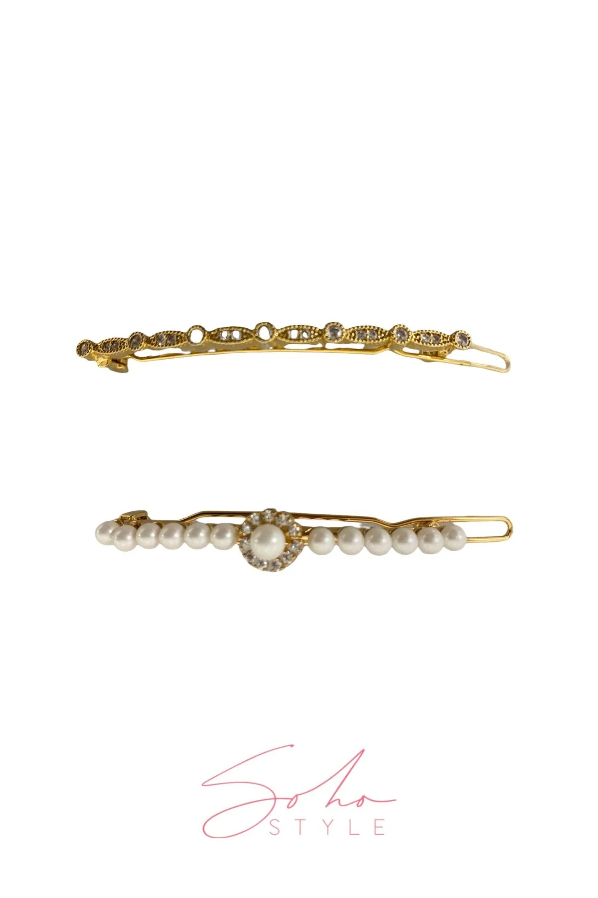 Cute rhinestones in white pearl gold waves hair barrettes set
