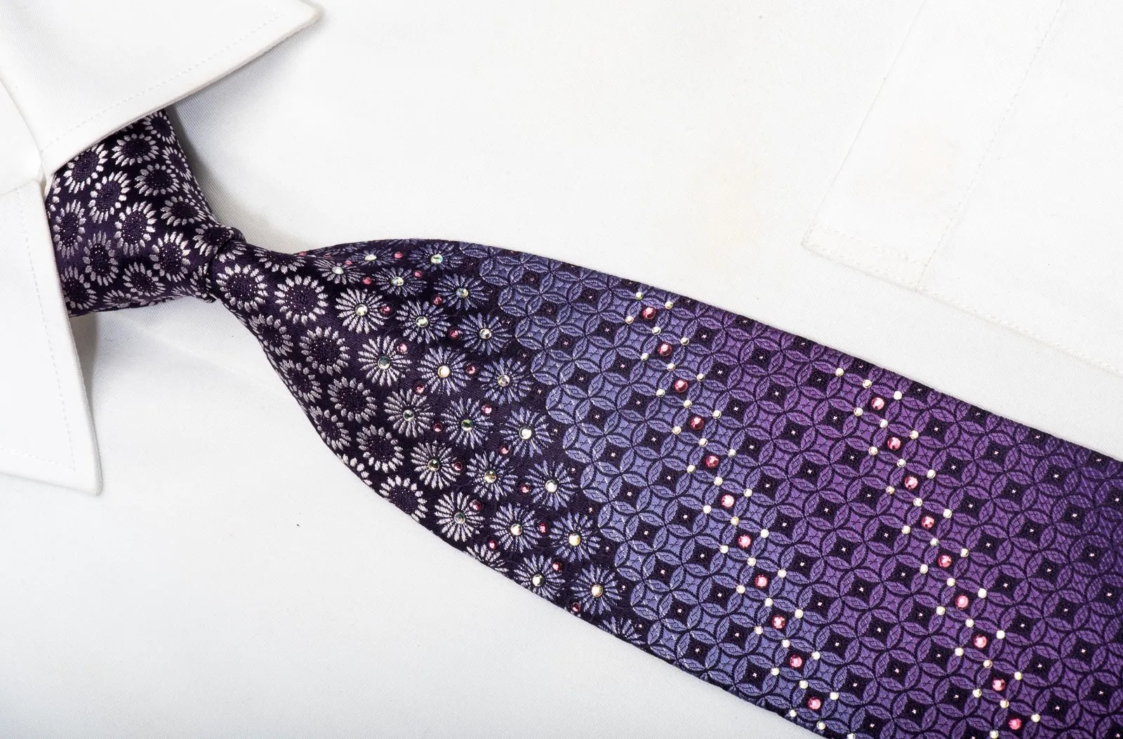 Elegance Men's Rhinestone Silk Tie Geometric Floral On Purple With Sparkles