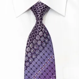 Elegance Men's Rhinestone Silk Tie Geometric Floral On Purple With Sparkles