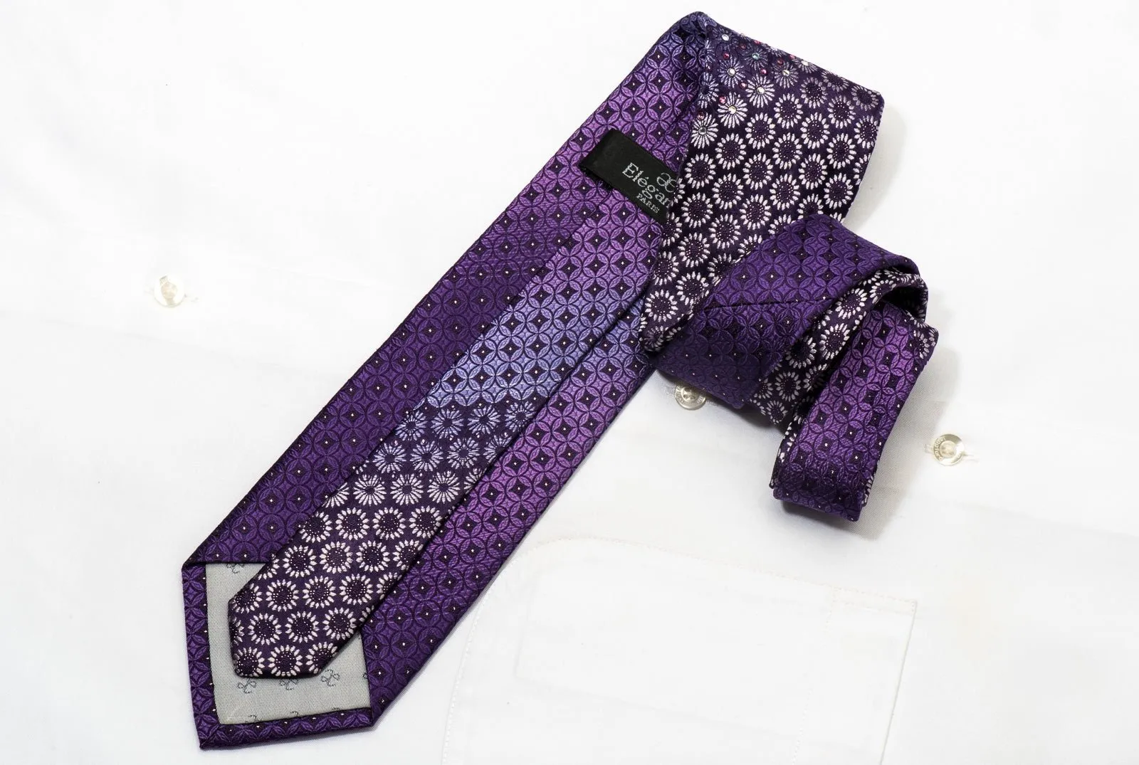 Elegance Men's Rhinestone Silk Tie Geometric Floral On Purple With Sparkles