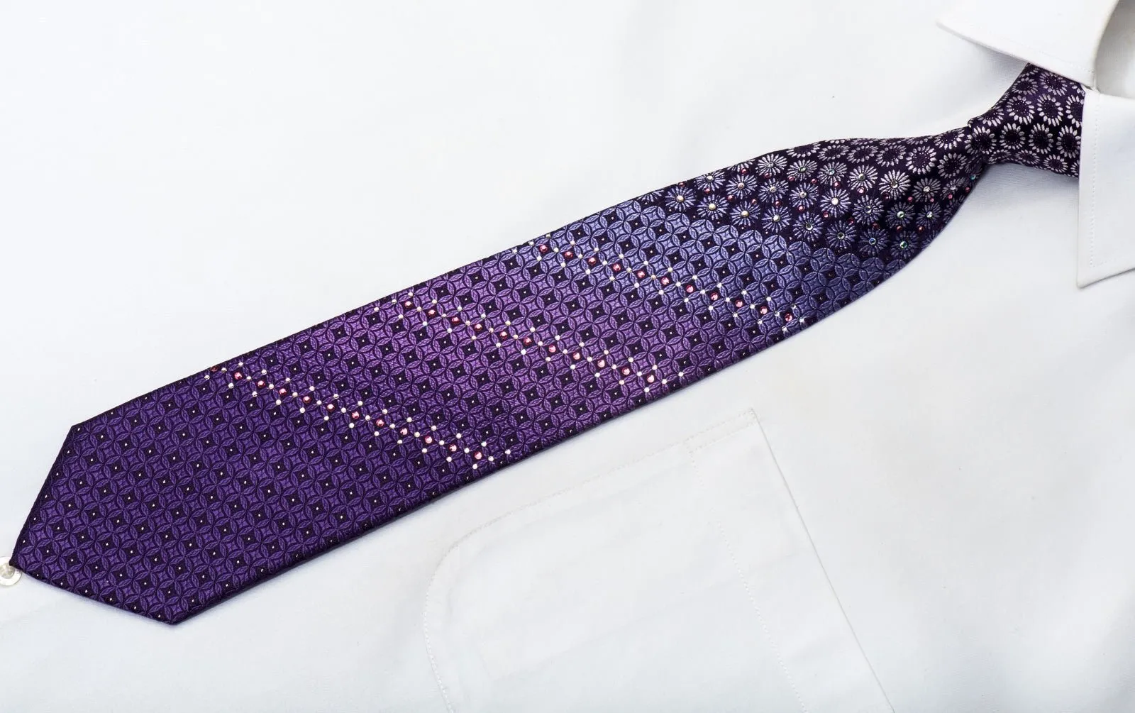 Elegance Men's Rhinestone Silk Tie Geometric Floral On Purple With Sparkles