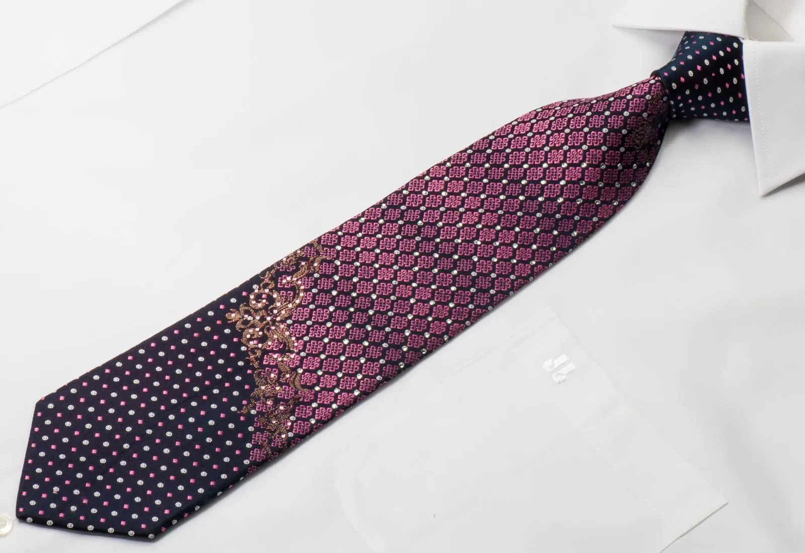 Elle Homme Men's Rhinestone Silk Tie Celtic Knots On Purple With Golden Sparkles