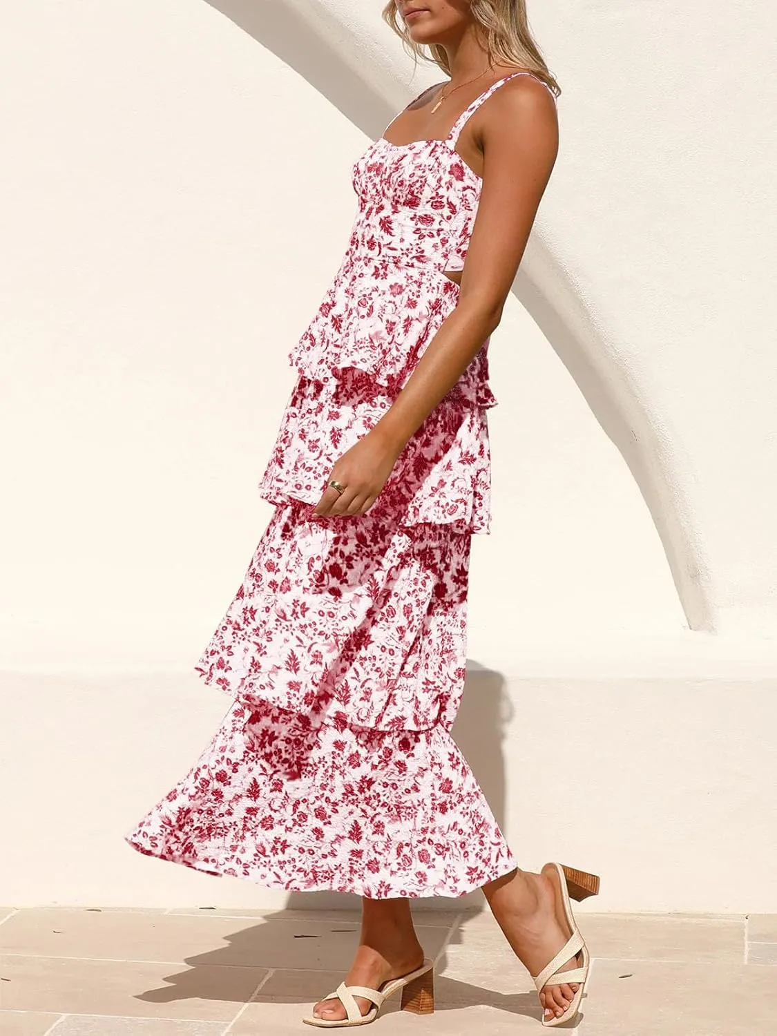 Fisoew Womens Floral Maxi Dresses Spaghetti Strap Casual Sleeveless Ruffle Flowy Tiered Dress