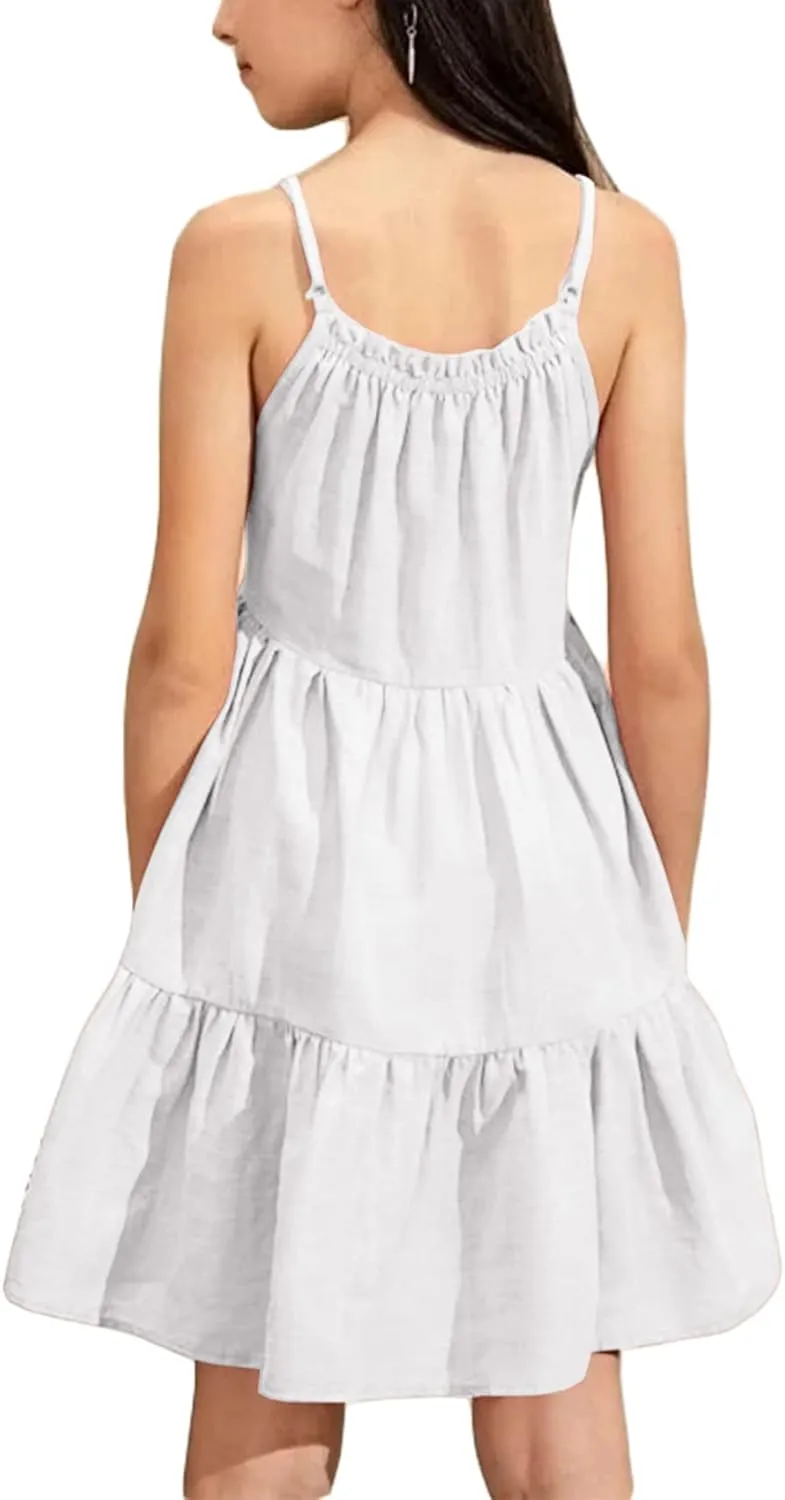 Fommykin Girl's Sundress Kids Spaghetti Strap Beach Linen Flowy Dress Cute Tiered Cami Tank Dress for 6-14 Years