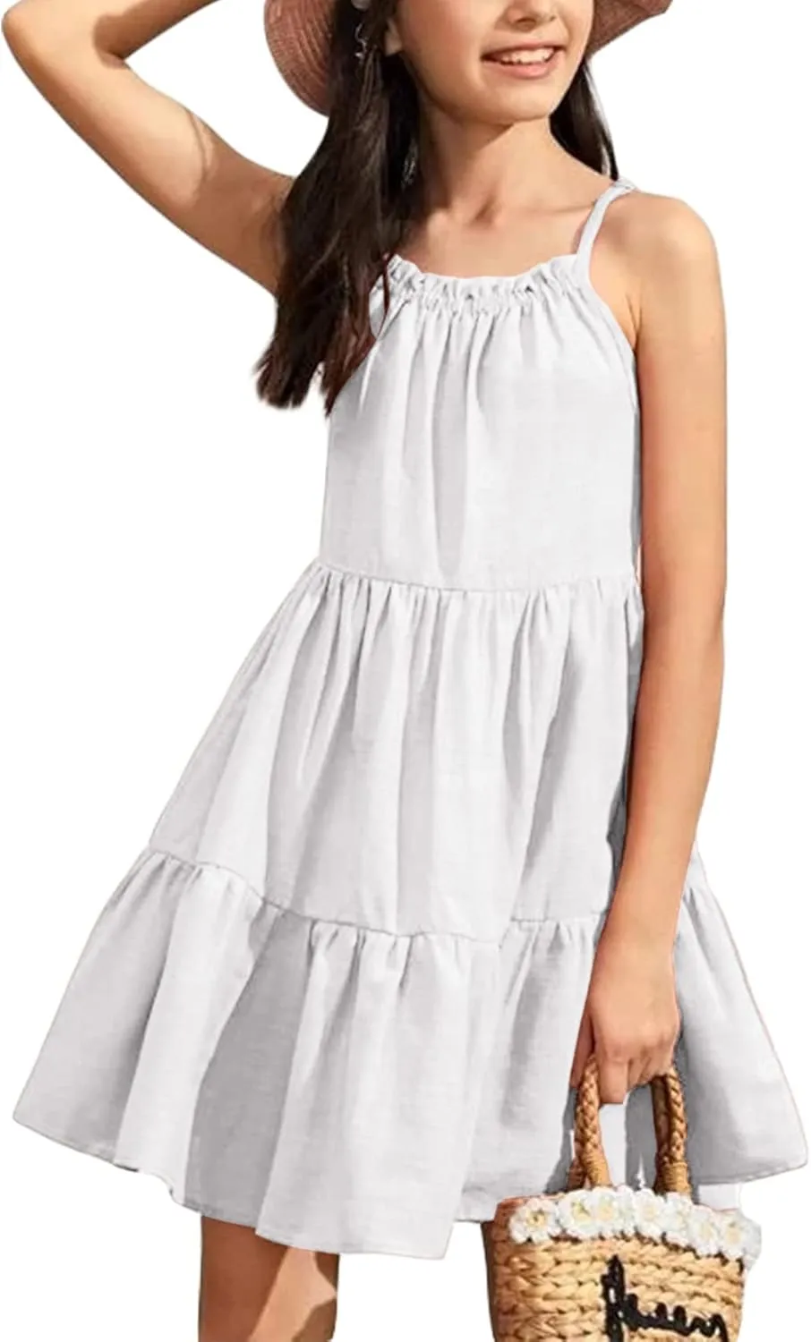Fommykin Girl's Sundress Kids Spaghetti Strap Beach Linen Flowy Dress Cute Tiered Cami Tank Dress for 6-14 Years