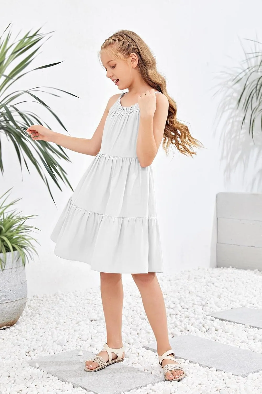 Fommykin Girl's Sundress Kids Spaghetti Strap Beach Linen Flowy Dress Cute Tiered Cami Tank Dress for 6-14 Years