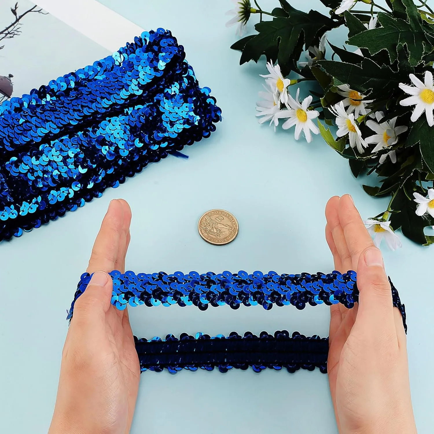 GORGECRAFT 12PCS Sequin Headband Elastic Glow Stretch Sparkle Glitter Fashion Adjustable Hair Band Accessories Pack Set for Girls Women Teens Sports Dance Party Teams Crafts(Blue)