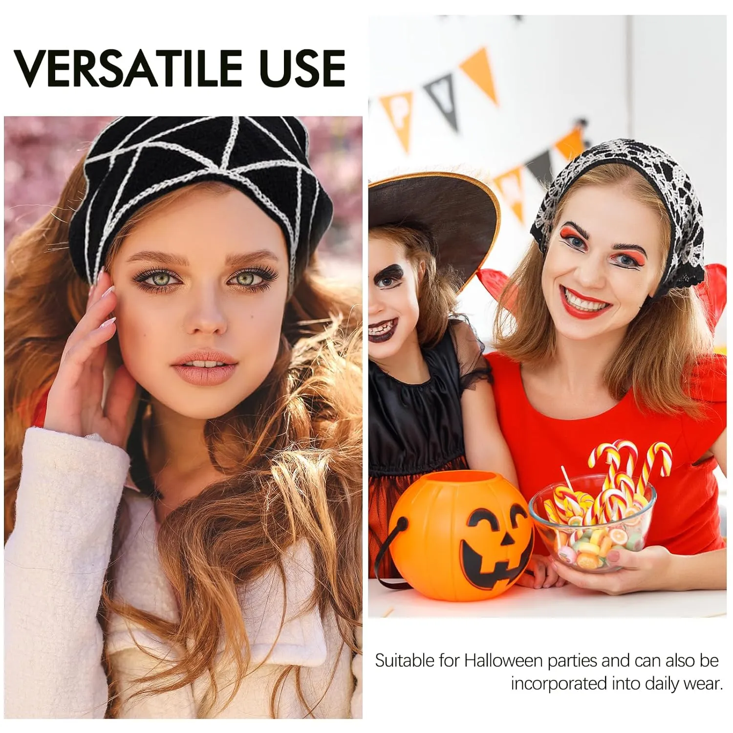 Halloween Crochet Hair Bandanas  Gothic Headband with Spider Web Skull  Knitted Headscarf for Women Girls Hair Accessories Gift (Black Skull, Medium)