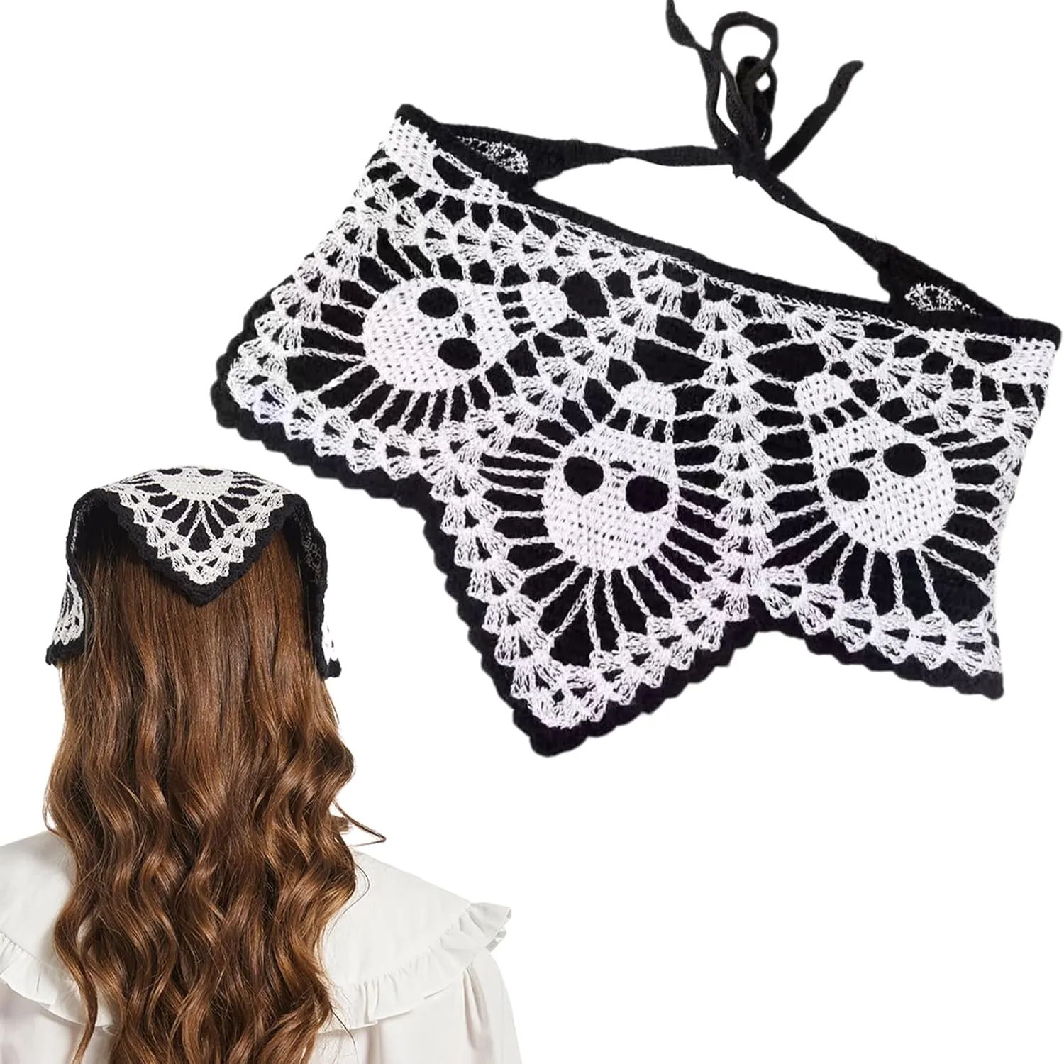 Halloween Crochet Hair Bandanas  Gothic Headband with Spider Web Skull  Knitted Headscarf for Women Girls Hair Accessories Gift (Black Skull, Medium)