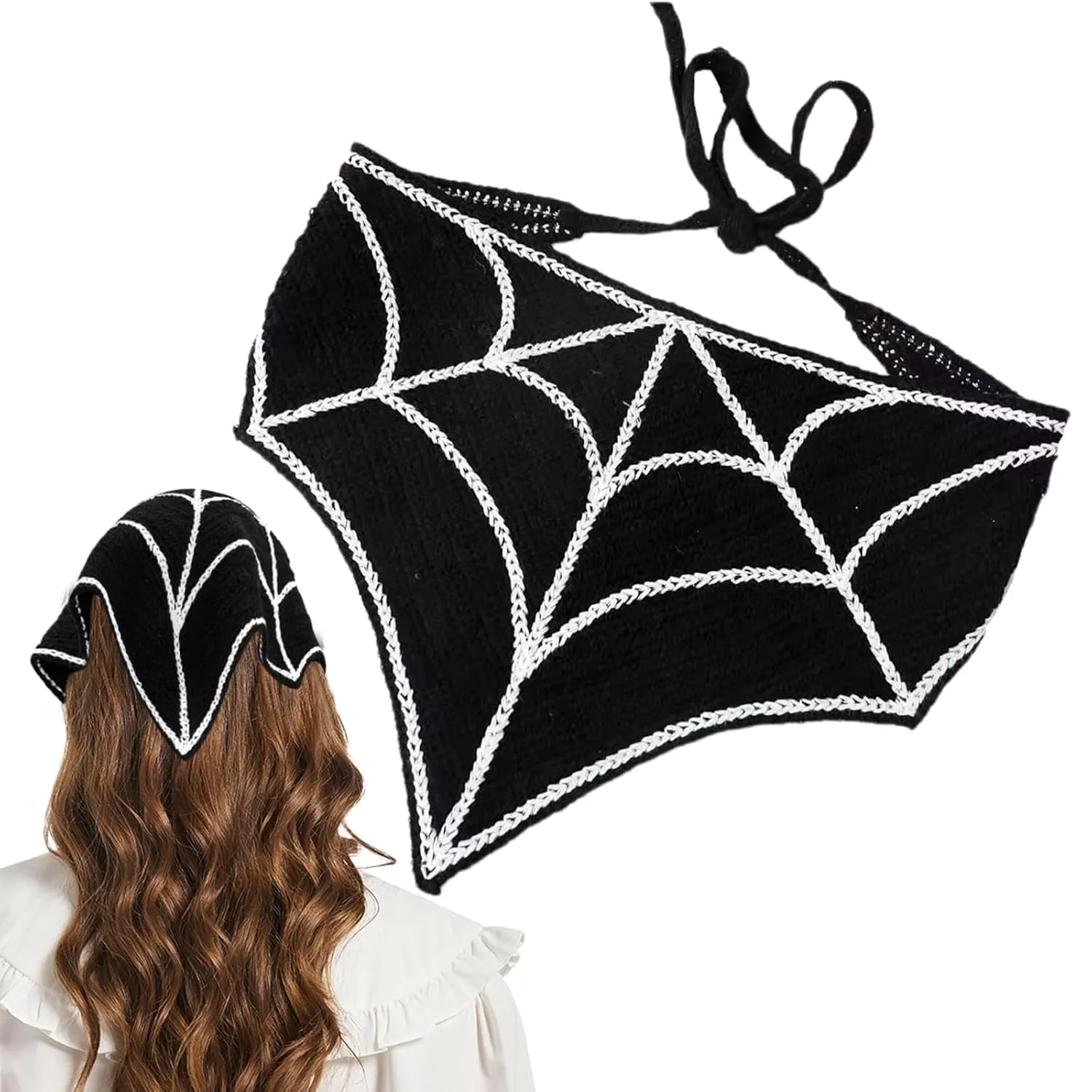 Halloween Crochet Hair Bandanas  Gothic Headband with Spider Web Skull  Knitted Headscarf for Women Girls Hair Accessories Gift (Black spider web, Medium)