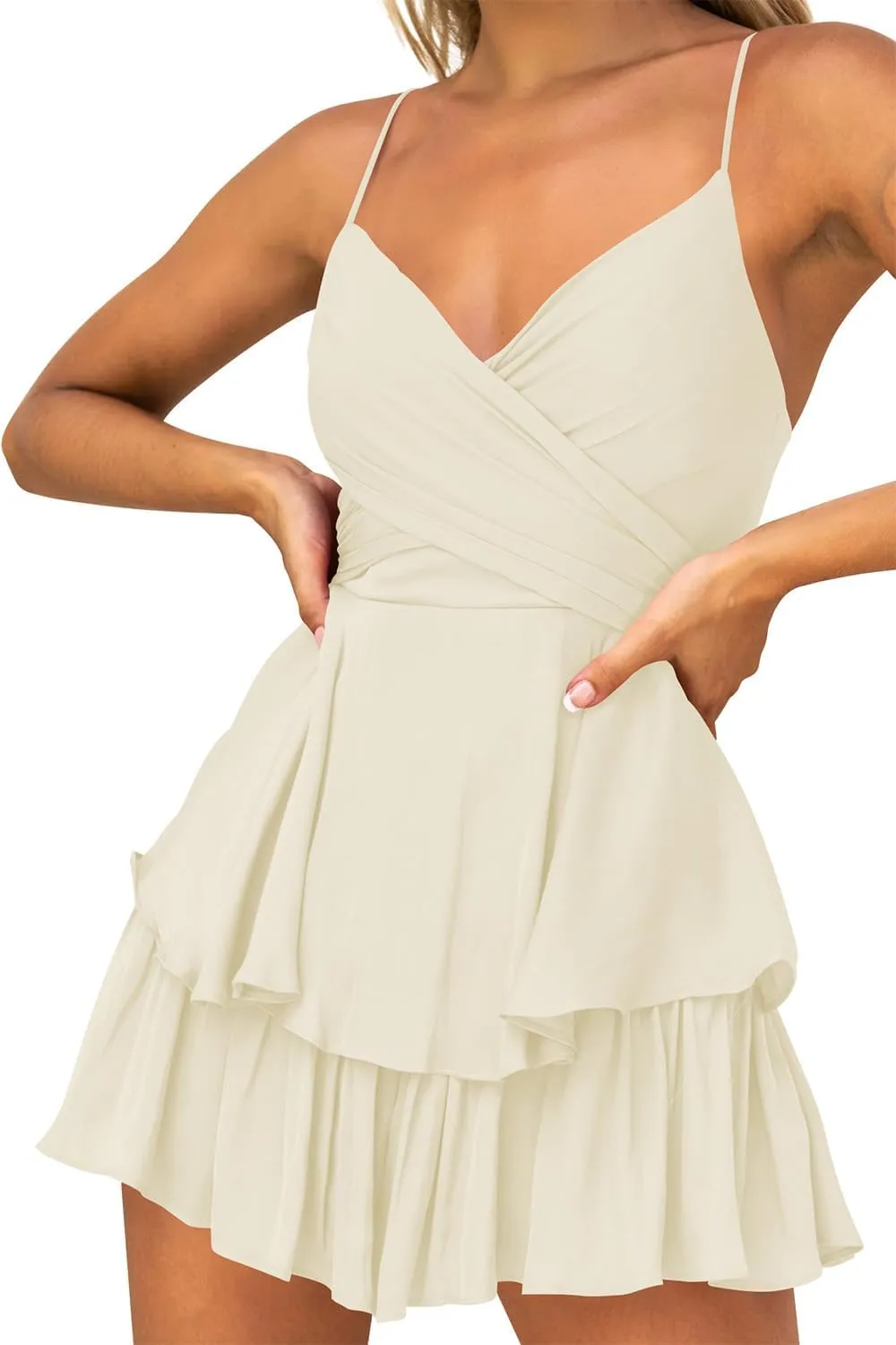 Hocuos Women's Dress Sexy V-Neck Adjustable Spaghetti Strap Waist Tie Sleeveless Layer Ruffle Hem A Line Mini Dress