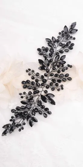 Kercisbeauty Bride Hair Accessories Black Crystal Hair Vine Gold Headband Evening Party Prom Women Hair Piece Vintage Wedding (Black)