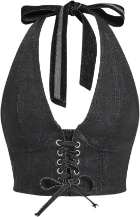 MakeMeChic Women's Denim Top Lace Up Sleeveless Halter V Neck Backless Y2K Denim Crop Top Vest
