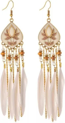 MALOYANVE Punk Vintage Long Tassel Feather Earrings for Women Bohemian Handmade Natural Pendant Earring Fish Hook Earrings Vintage Boho Multicolor Tassel Feathers Dangle Drop Earrings Jewelry