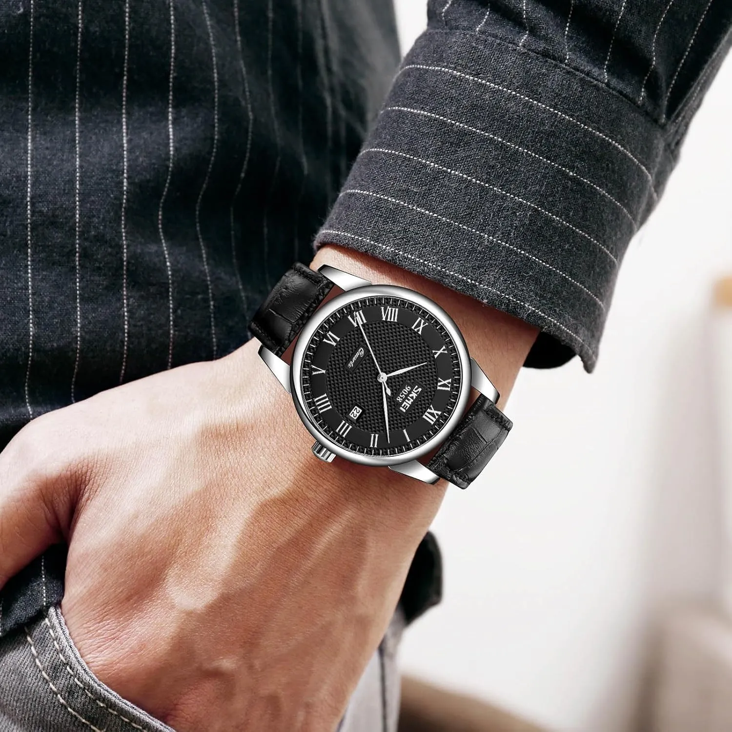 MASTOP Mens Womens Quartz Watch Roman Numeral Business Casual Fashion Analog Wrist Watch Classic Calendar Date Window 30M Waterproof Comfortable Leather Watches