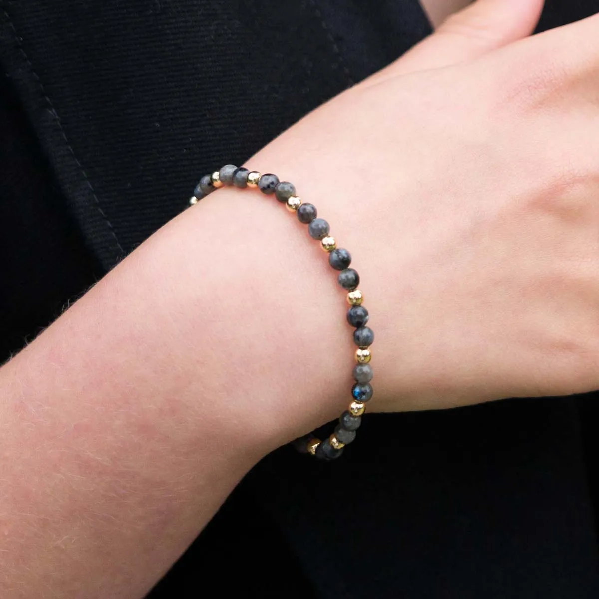 Natural Labradorite and Crystal Elasticated Bracelet In Gold-Tone