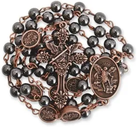 Nazareth Store St Michael Rosary Hematite Stone Beads Necklace Metal Beaded Glory Beads Archangel Medal & Cross with Metal Gift Box