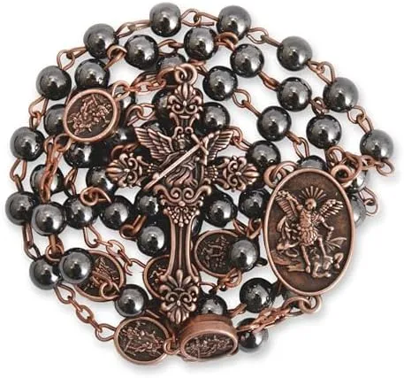 Nazareth Store St Michael Rosary Hematite Stone Beads Necklace Metal Beaded Glory Beads Archangel Medal & Cross with Metal Gift Box