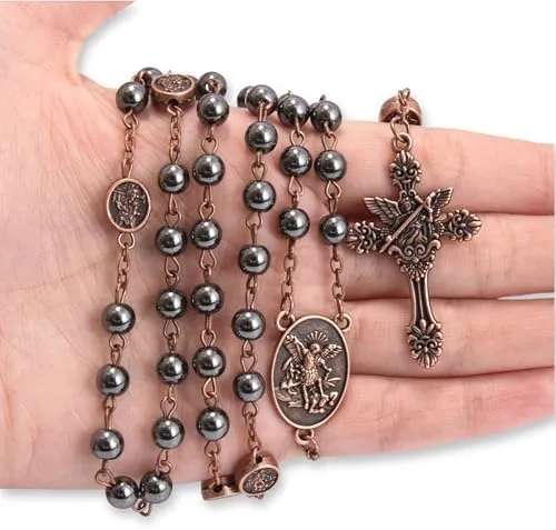 Nazareth Store St Michael Rosary Hematite Stone Beads Necklace Metal Beaded Glory Beads Archangel Medal & Cross with Metal Gift Box