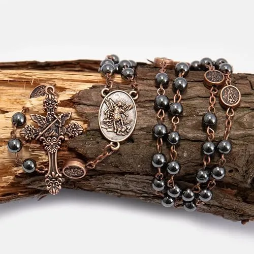 Nazareth Store St Michael Rosary Hematite Stone Beads Necklace Metal Beaded Glory Beads Archangel Medal & Cross with Metal Gift Box