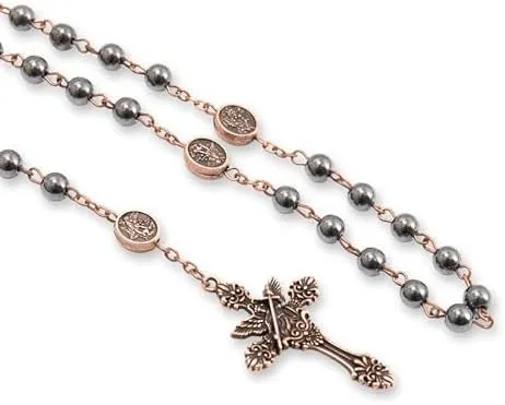 Nazareth Store St Michael Rosary Hematite Stone Beads Necklace Metal Beaded Glory Beads Archangel Medal & Cross with Metal Gift Box