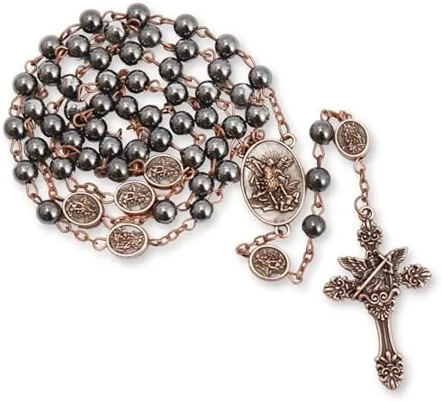 Nazareth Store St Michael Rosary Hematite Stone Beads Necklace Metal Beaded Glory Beads Archangel Medal & Cross with Metal Gift Box