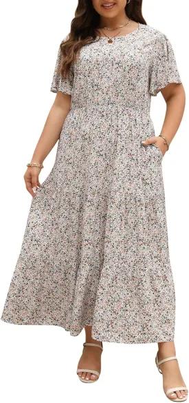 Nemidor Plus Size Maxi Dresses for Curvy Women Summer Casual Boho Ditsy Floral Print Layered Flared Long Dress with Pocket