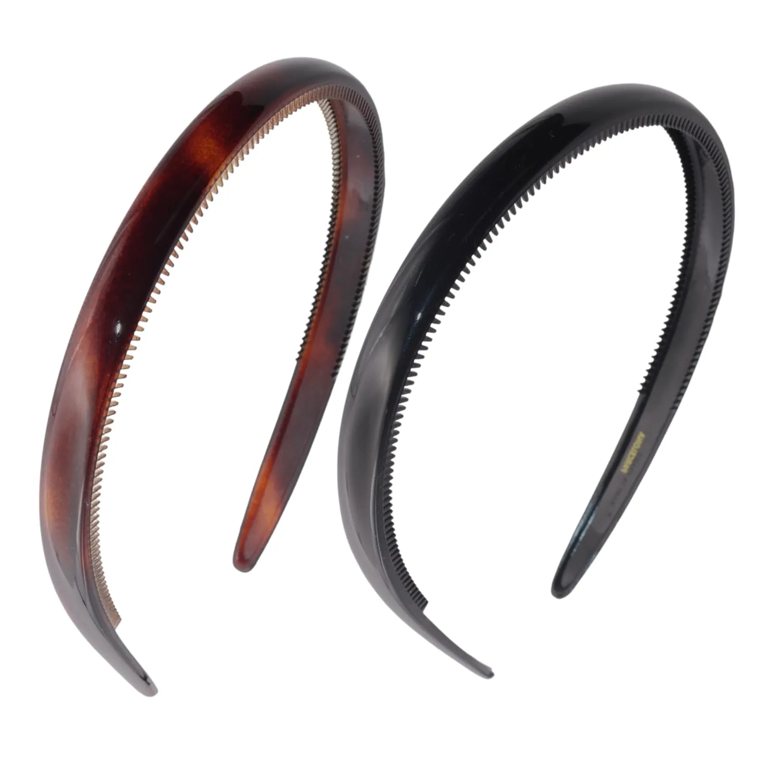 Parcelona French Reg Tortoise Shell Brown and Black 1/2" Wide Celluloid Made in France Set of 2 Hair Headbands with Inner Teeth Nibs for Women and Girls
