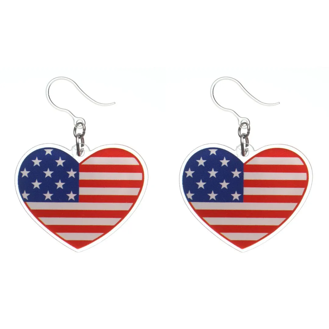 Patriotic Heart Dangles Hypoallergenic Earrings for Sensitive Ears Made with Plastic Posts